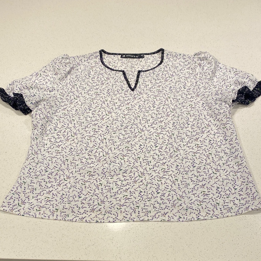 Allegra K White and Purple Patterned Blouse